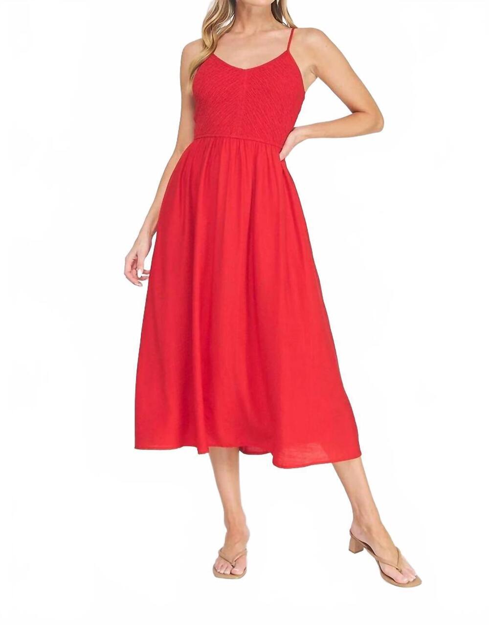 NEW ALLIE ROSE spaghetti strap smocked midi dress in red